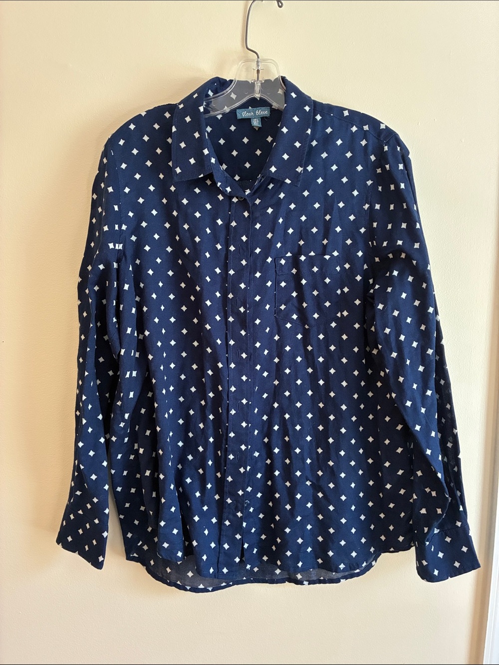 Navy Diamond-Print Button-Down Shirt by Fleur Bleue